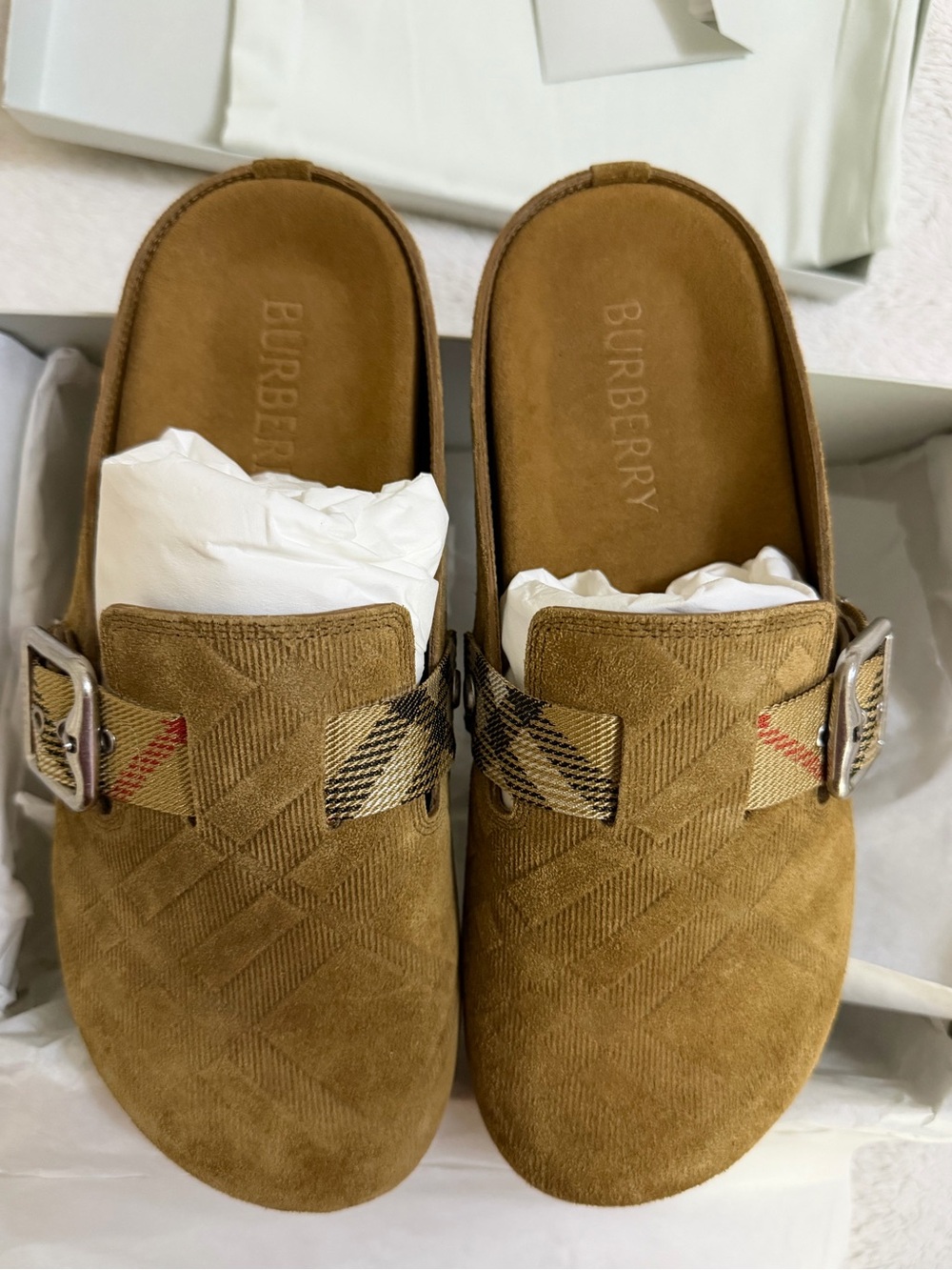Burberry Women's Tan Suede Checked Buckle Clogs